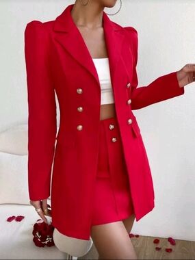 Red Puff Shoulder Blazer & Mini Skirt Set Gold Button Detail Chic Suit